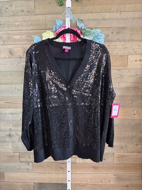 Vince Camuto Black Sequin Cardigan Plus Size 1X 2X